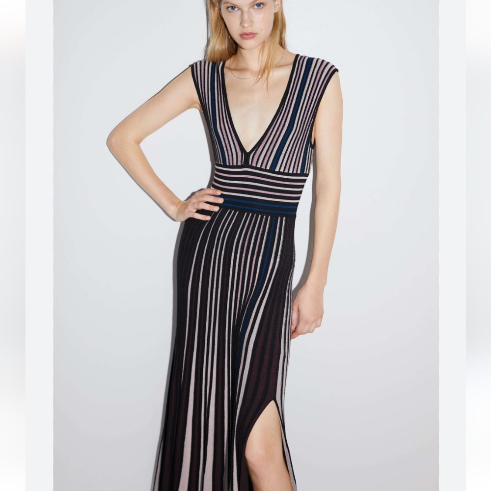 Zara Black Striped Maxi Dress with Pink and Blue Accents